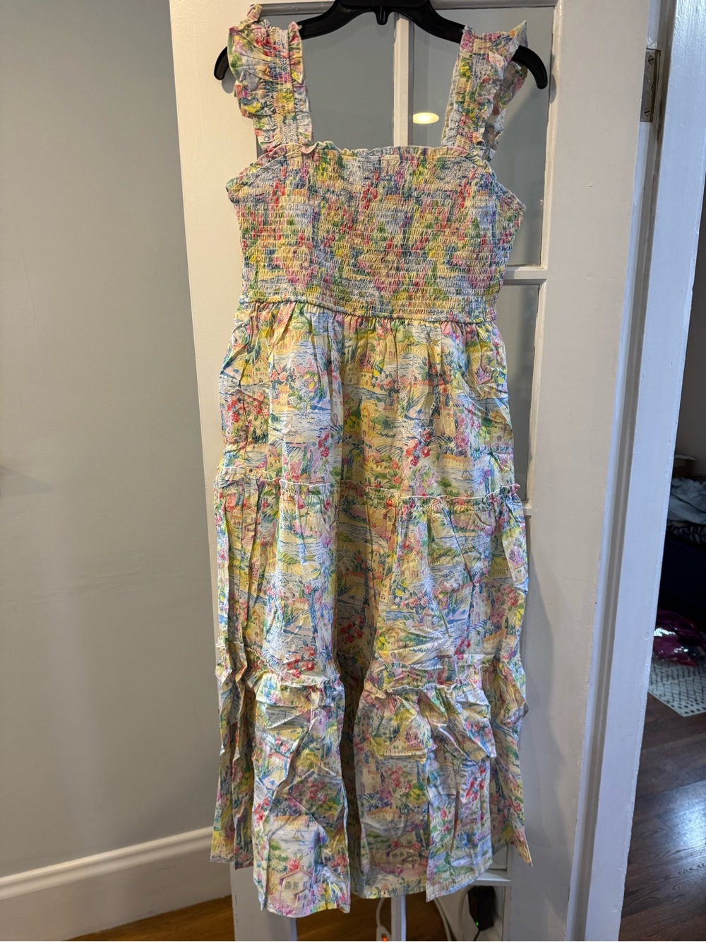 NWT! In Bloom Watercolor scenic print dress ruffle sleeves